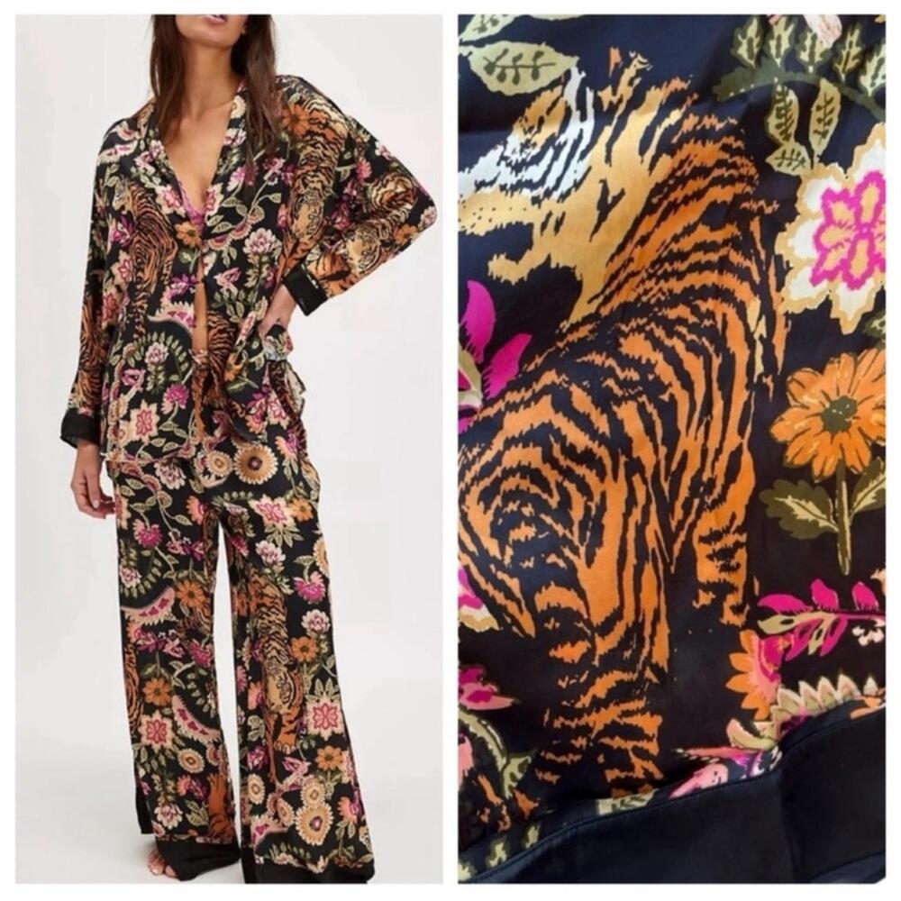 🆕 NWT FP Pajama SET Iron Combo Tiger Floral Print SILKY oversized XL Long Tall